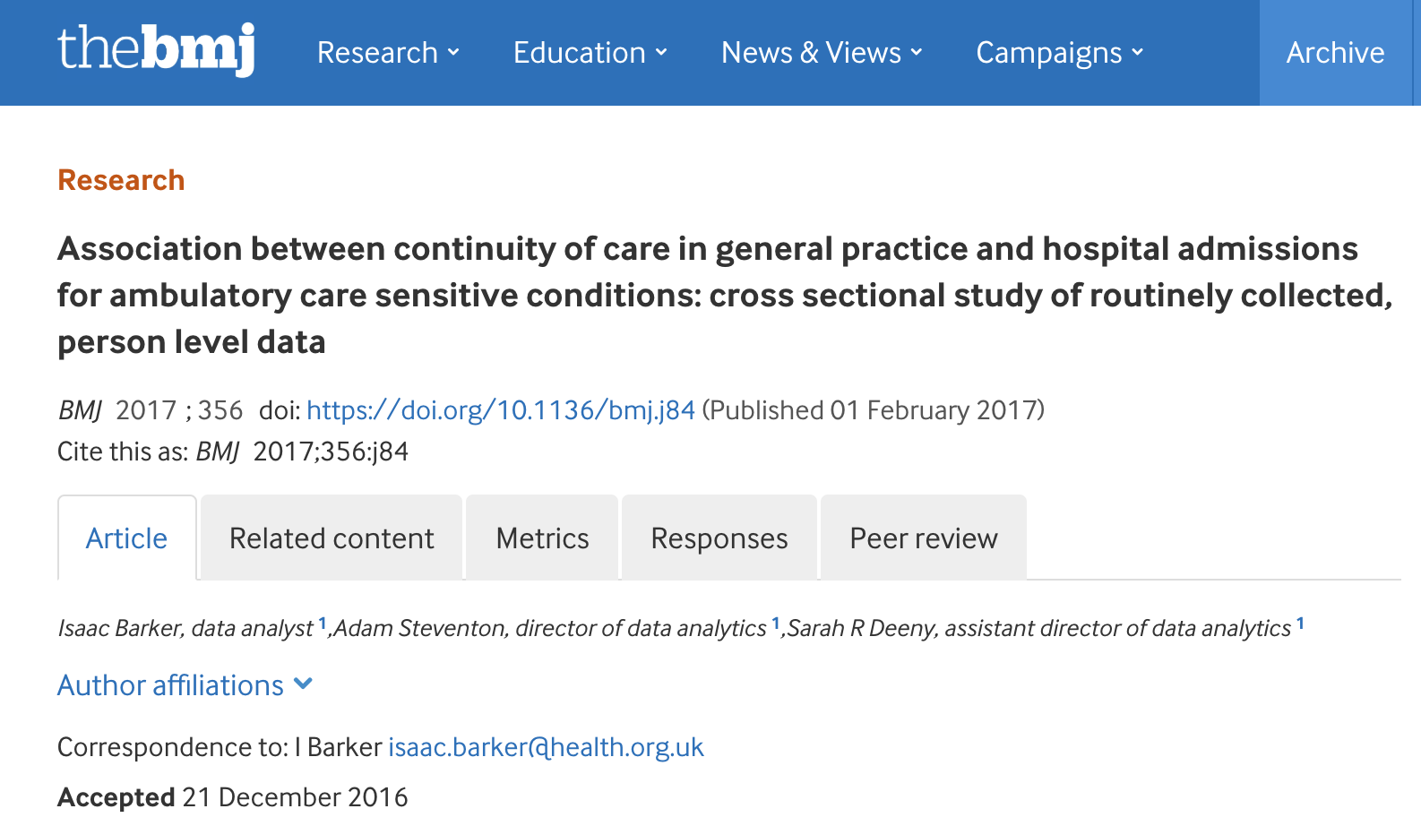 Association between continuity of care in general practice and hospital admissions for ambulatory care sensitive conditions: cross sectional study of routinely collected, person level data