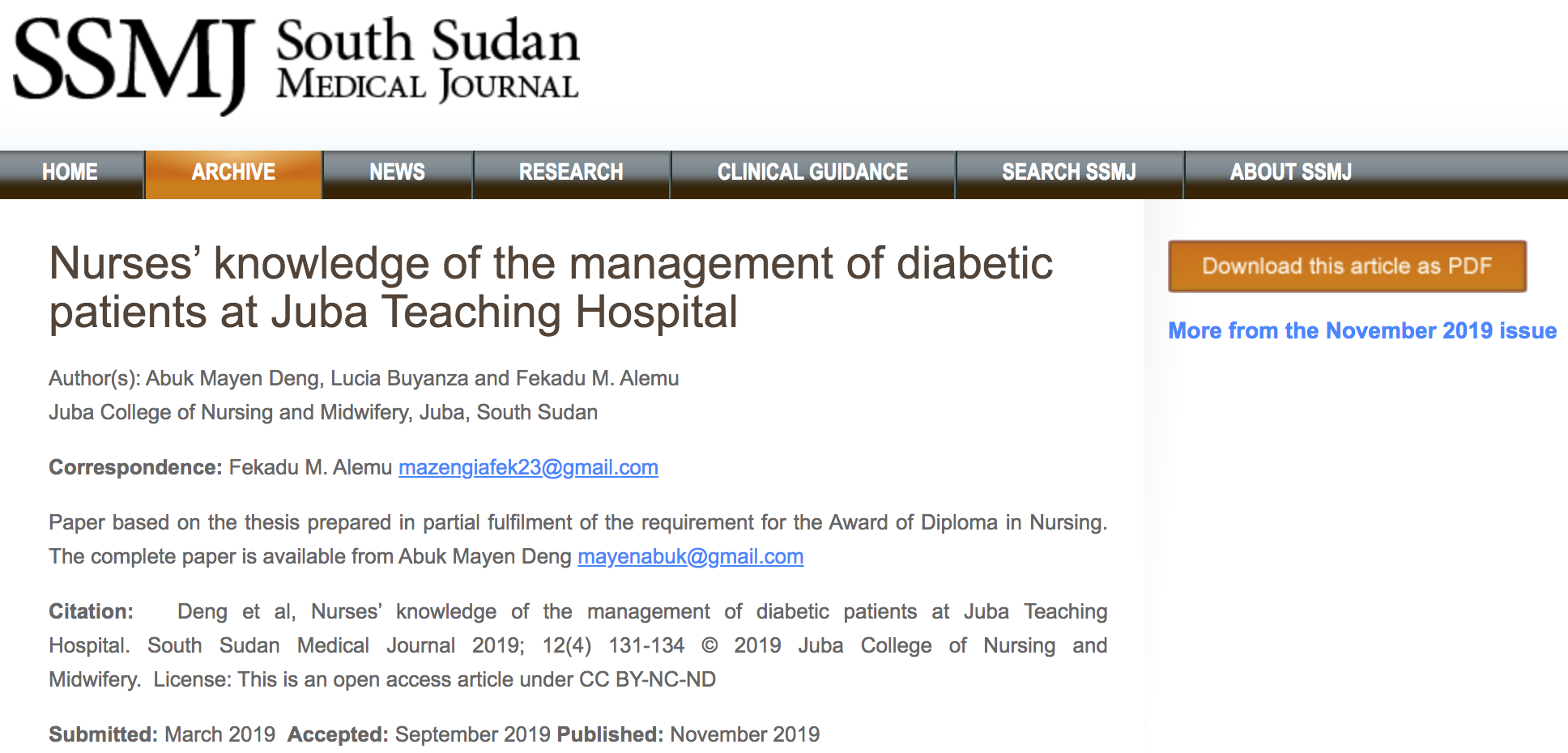 Nurses’ knowledge of the management of diabetic patients at Juba Teaching Hospital